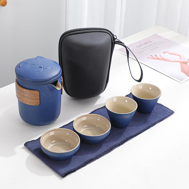 Black Pottery Travel Tea Set, One Pot and Four Cups, Outdoor Car Portable Express Cup Business Gift Set Printing
