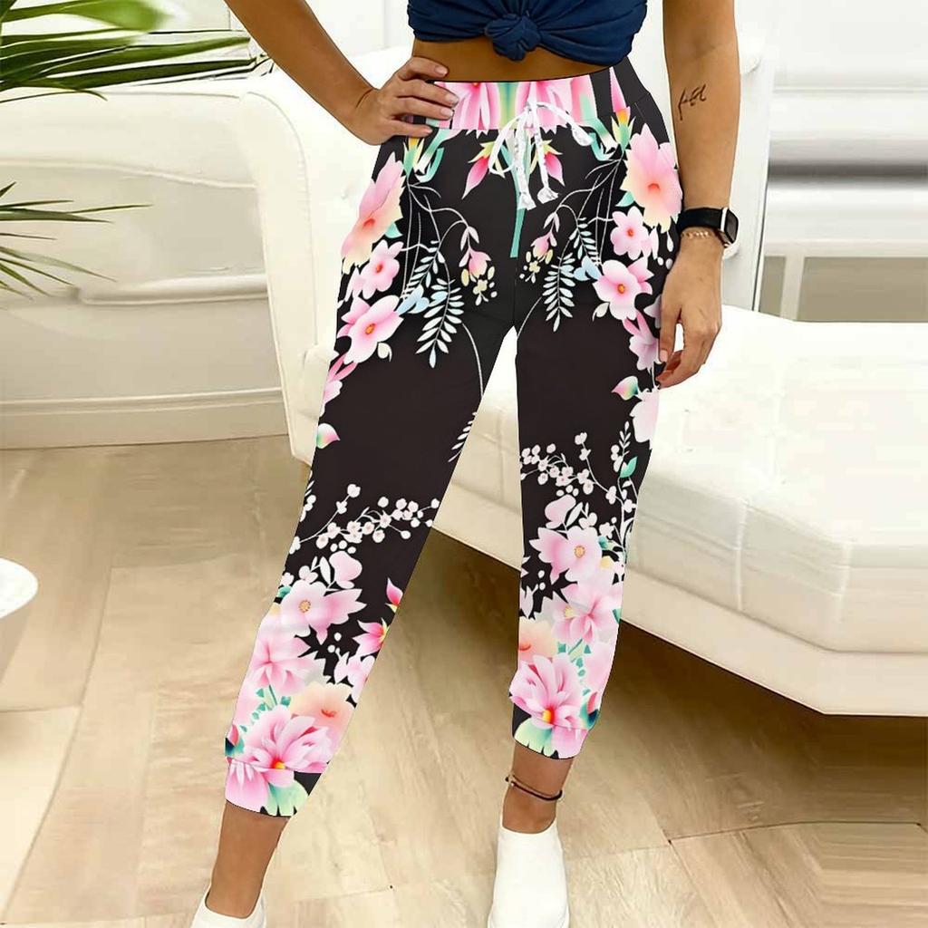 Yazlık Bayan Mürekkep Yıkama Karışımlı Baskılar Baskılı Eşofman Altı Bol Kesim Büzgülü Jogger Pantolonlar Lastikli Manşet Günlük Rahat Pantolonlar
