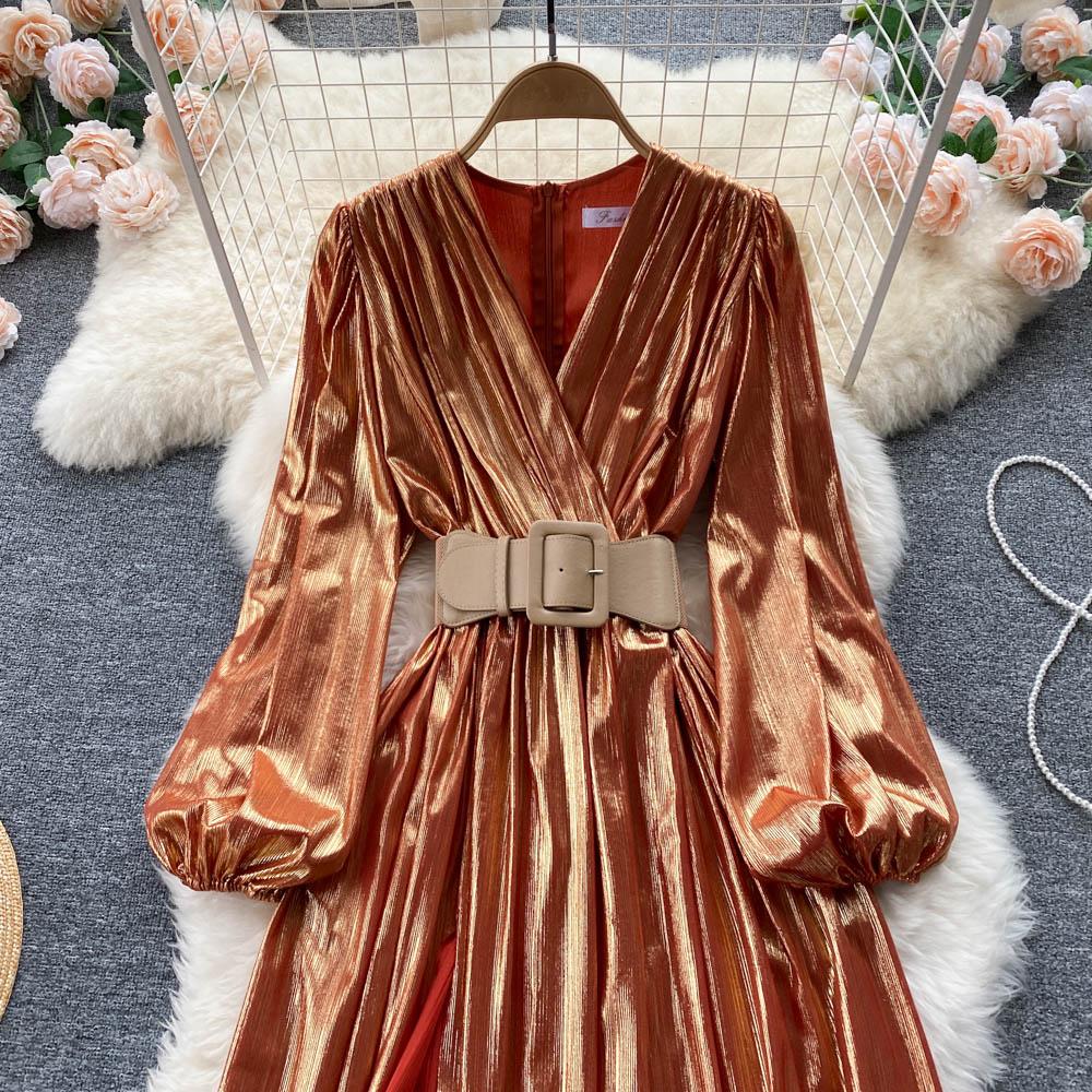 RUGOD Rochii europene și americane Temperament high-end cu decolteu în V Talie subțire și ușoară Stil matur Rochie lungă cu leagăn mare Femei