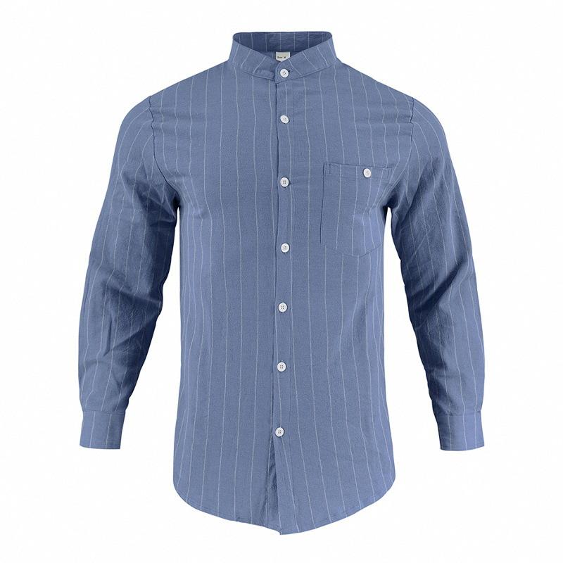 Men's Linen Stand-Up Collar Striped Shirt Spring and Autumn Casual Commuter Trend Slim-Fit Long Sleeve Shirt