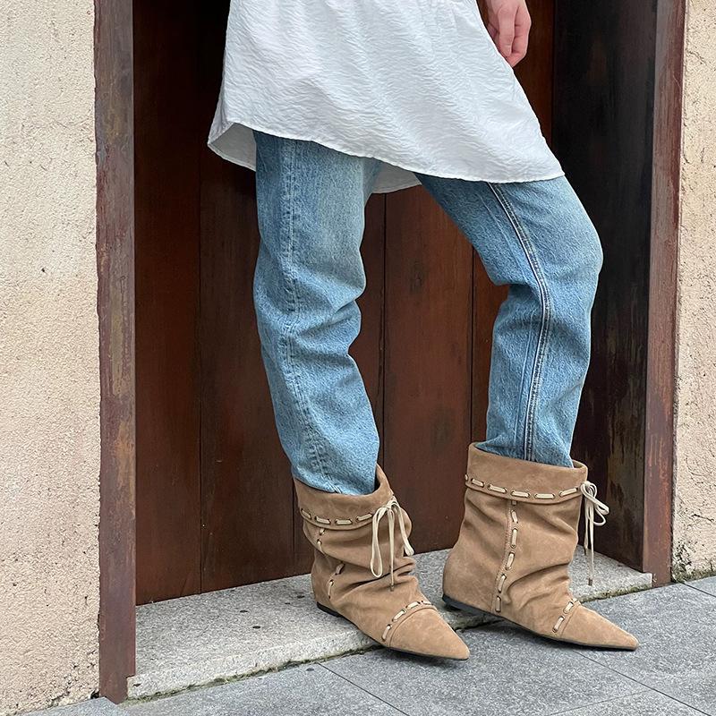 Fashion 2025 Autumn Suede Leather Pleated Ankle Boots Women Pointed Toe Slip On Western Cowboy Boots Fashion Short Chelsea Botas Mujer