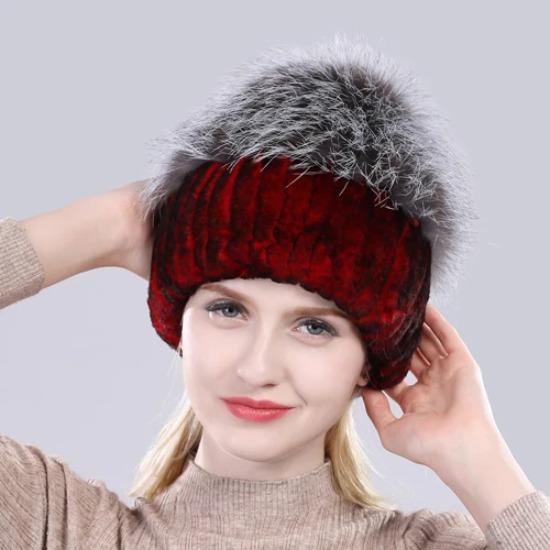 New Outdoor Good Elastic Natural Rex Rabbit Fur Hat Women Winter Knitted Real Sliver Fox Fur Cap Lady Real Fur Hats