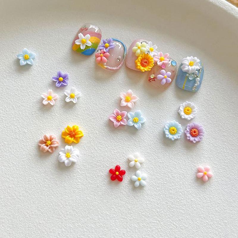 50Pcs Colorful Flower Nail Accessories Daisy Five Petal Flower Resin Nail Drill 3D Mixed Flowers Nail Jewelry Decorative Materia