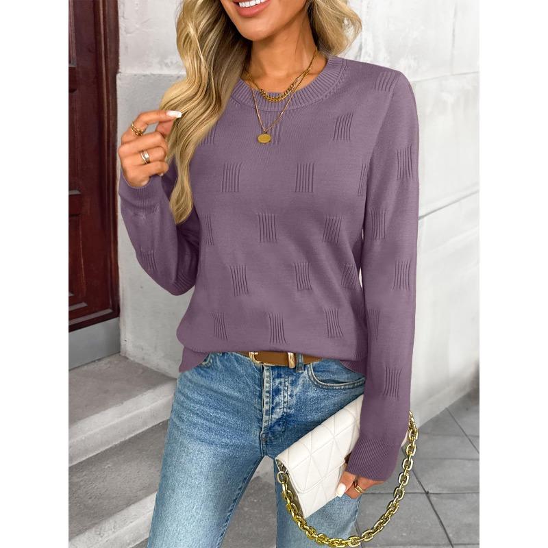 Women S Casual Knitted Pullover Sweater Round Neck Long Sleeve Solid Color