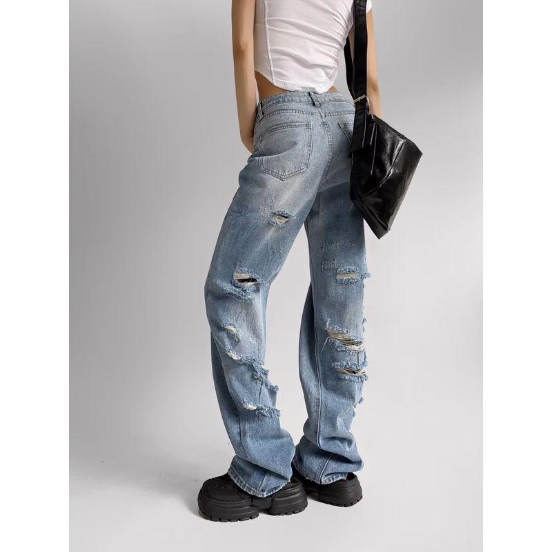 Spring New Arrival Fashion Lazy Fashion Loose Plaid Mop Trousers Perforated Hole Decoration Denim Straight-leg Pants