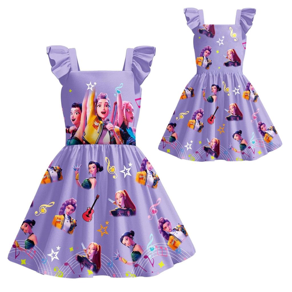 Kpop Hexenjagd Protagonist Peripheriebedrucktes Mädchen Flatterärmelkleid Lässig Niedlich Bequem Vollfarbdruck Modisches Kleid