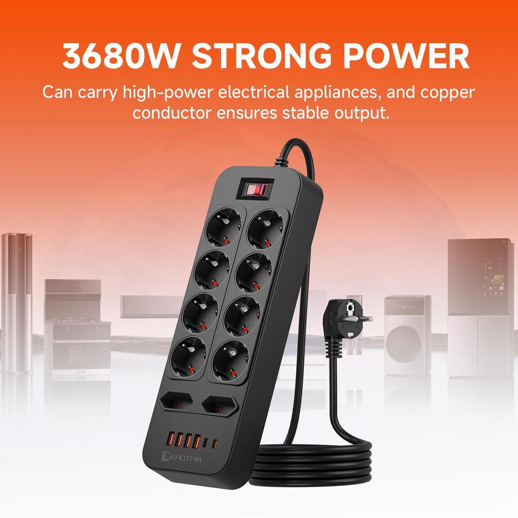 3680W EU zástrčka 10 AC zásuviek rozvodka 1,8m predlžovací kábel európska štandardná zástrčka zásuvka sieťový filter s USB C portami nabíjanie