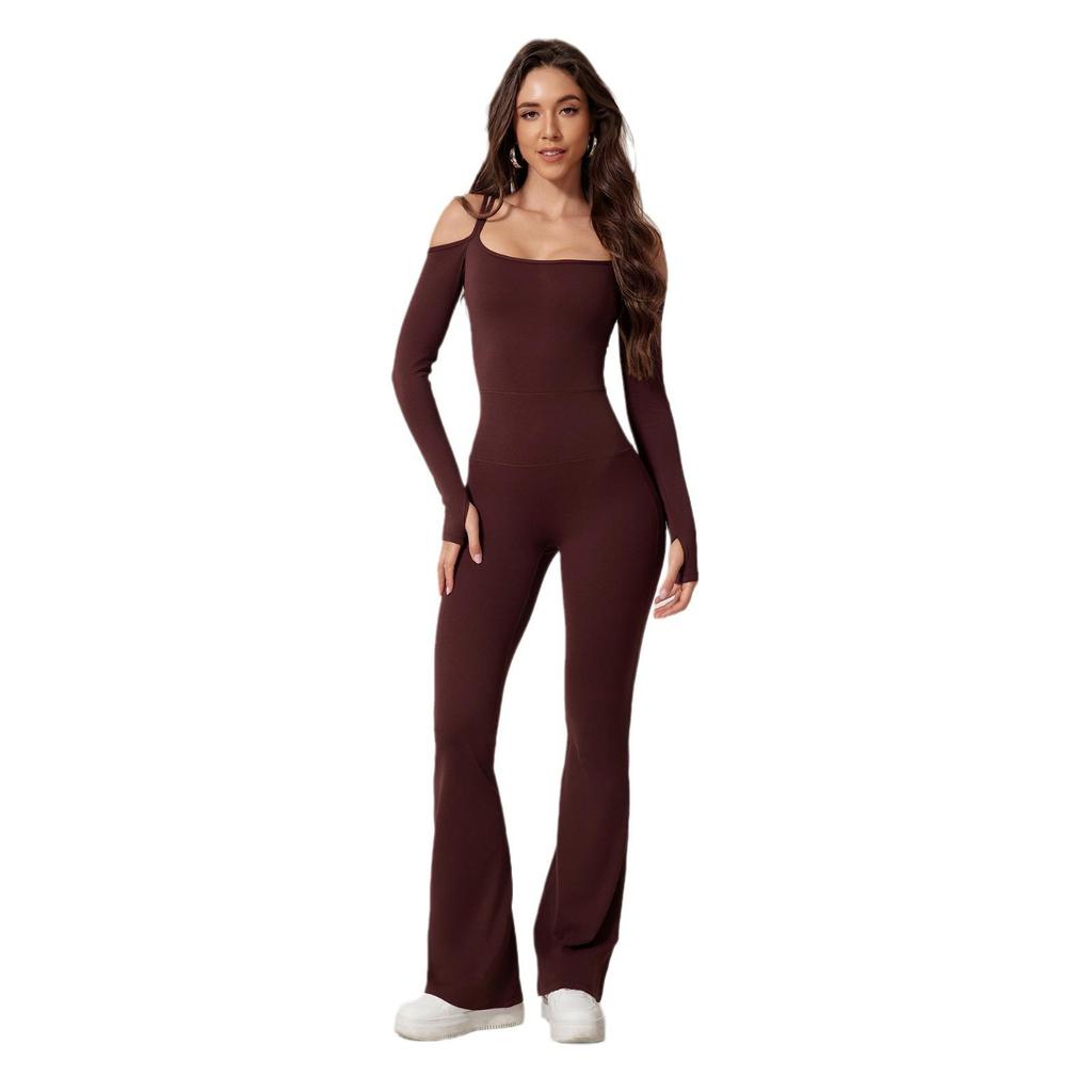 European & American Off-Shoulder Backless Jumpsuit with Double Shoulder Straps, Long Sleeves & Flared Pants