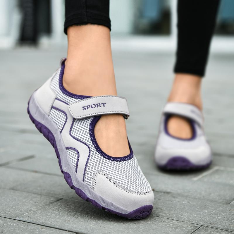 Fashion Women's Sports Flat Shoes Casual Comfortable Mesh Non Slip Summer Breathable Walking Mom Shoes Elderly Middle Aged Soft Soled
