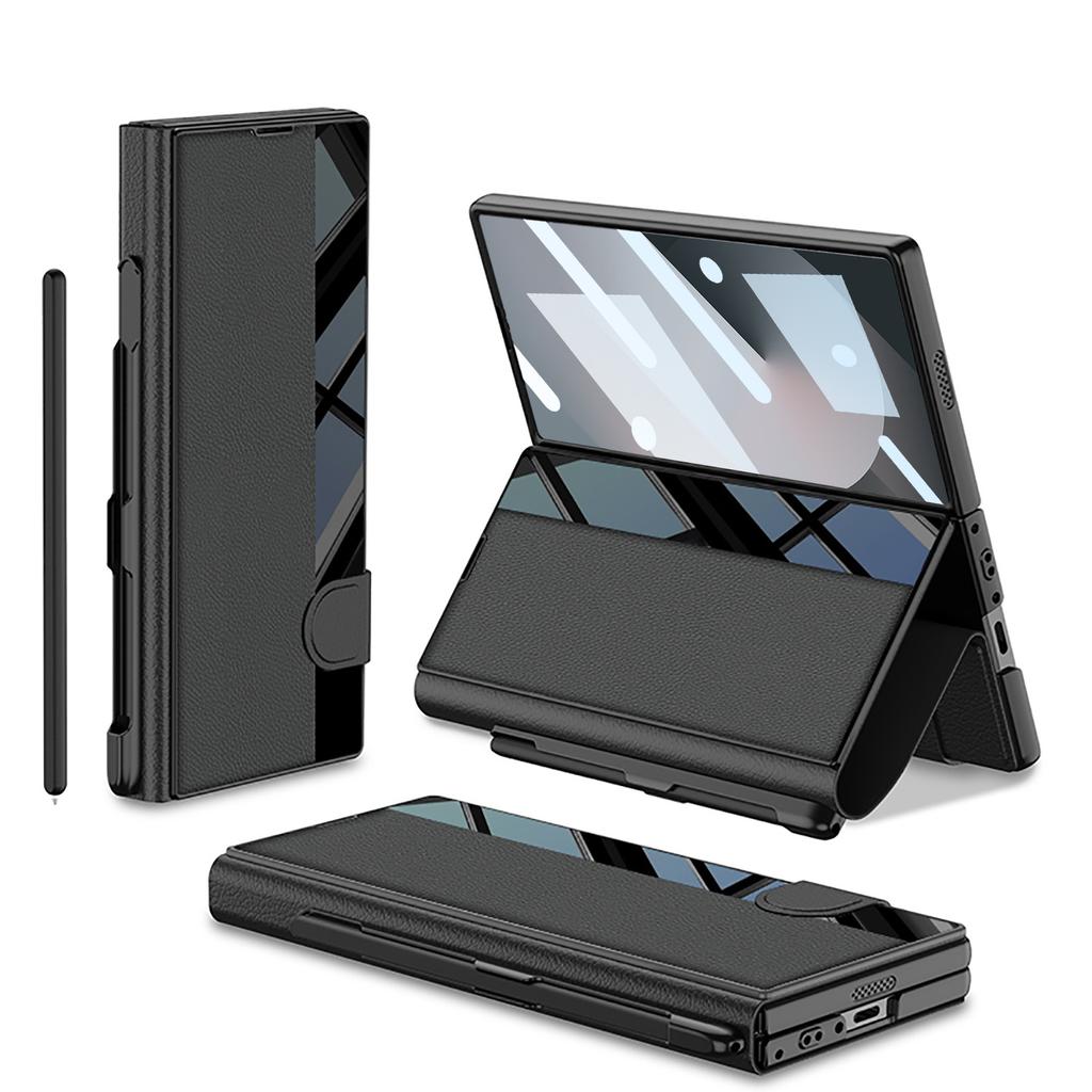 Samsung Z Fold6 Mobile Phone Chitin Leather Bracket Folding Screen Anti Fall Flip Cover Leather Case Film Integrated Pen Slot