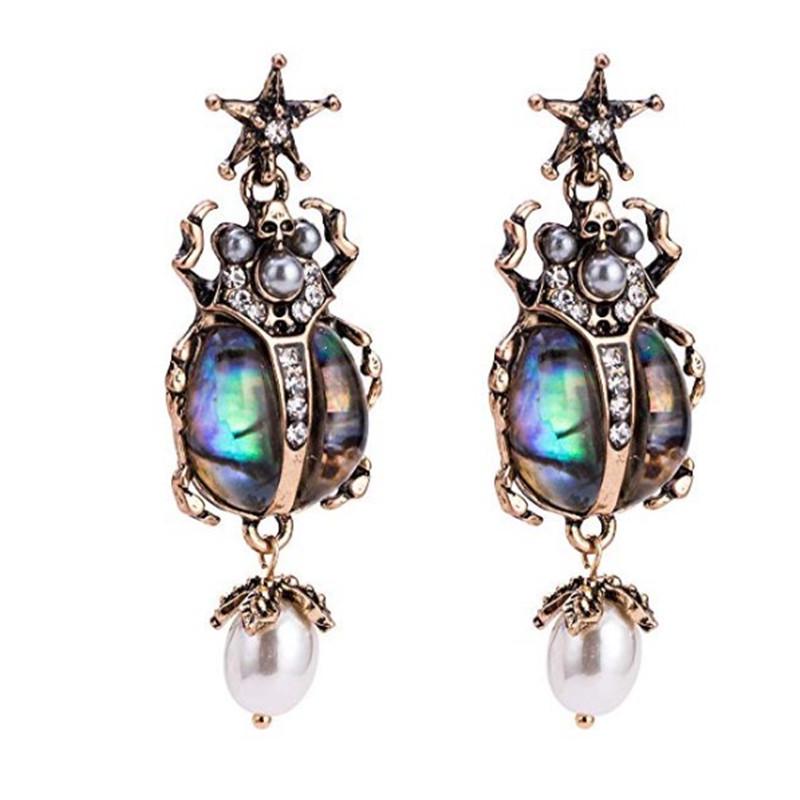 

Bohemian Shell Insect Beetle Stud Earrings with Diamonds & Pearls