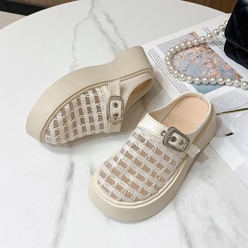 Fashion Slope Slippers Summer New Round Head Deep Mouth Mesh Cloth Rivets Metal Buckle Waterproof Platform Non-slip High Heels