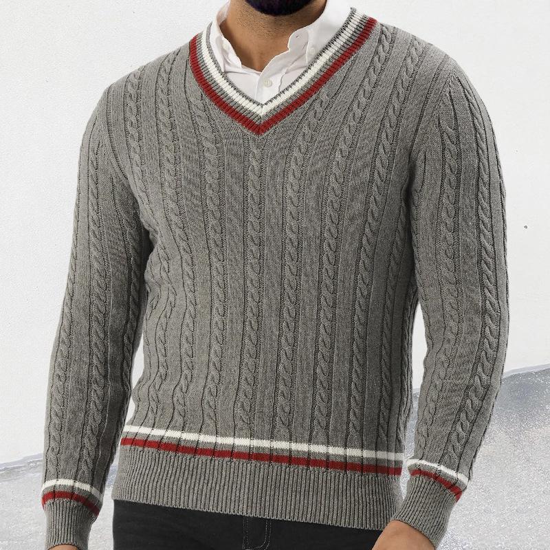 Men's Slim-Fit V-Neck Color-Block Pullover Knitted Sweater - Autumn/Winter Street Style