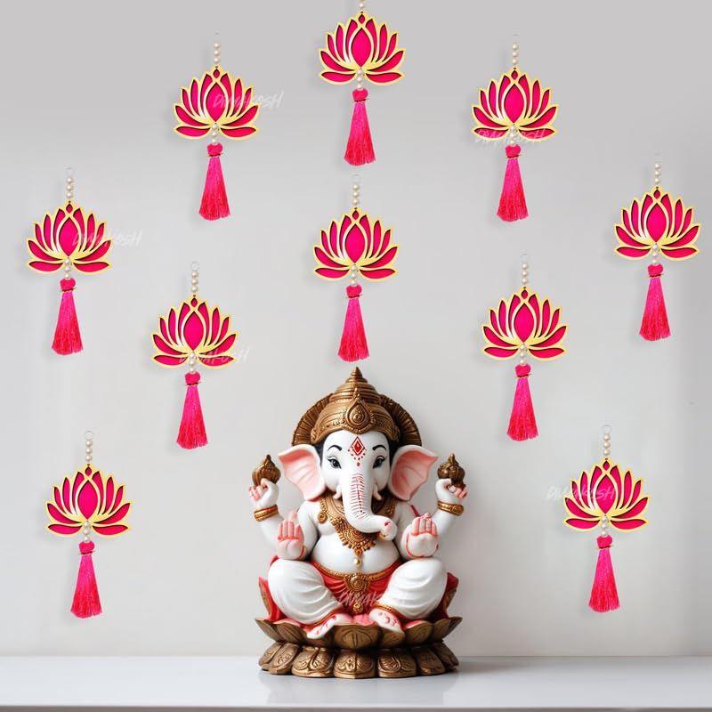 Lotus Hangings, Pack of 10 | Pink | Decoration Home Decor Wall Door Mandir Pooja Room, Pink Lotus Tassel Wall Hanging, Wedding Backdrop Decorative