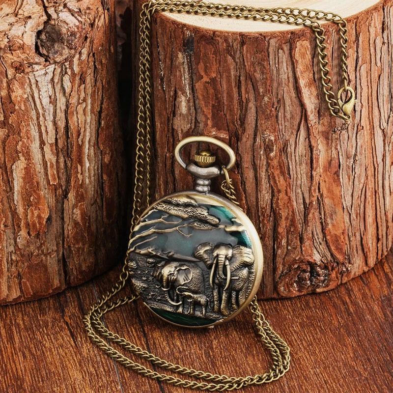 Antique Bronze Crane Elephant Animal Quartz Pocket Watch Analog Clock Round Dial