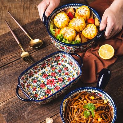 Handmade Polish Ceramic Bowl Retro Flower Design Baking Soup Bowl with Handles, Microwave Safe