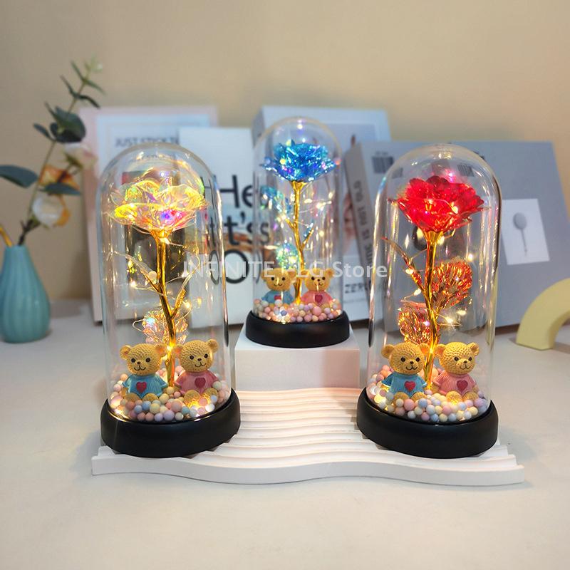 Unending Flower Glass Lamp with Plastic Enclosure Night Light, Accompanied by a Bear Gift for Girlfriend on Valentine's Day