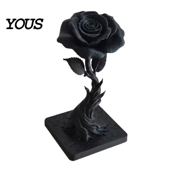 Minimalist Floral Sculpture 3D Printed Black Rose Statue Ornament, Gothic Dark Style Figurine, Decor Artistic Flame Base Flower Decor,