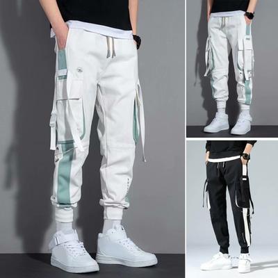 Men Cargo Pants Strap Decor Multi Pockets Loose Elastic Waist Ankle-banded Color Matching