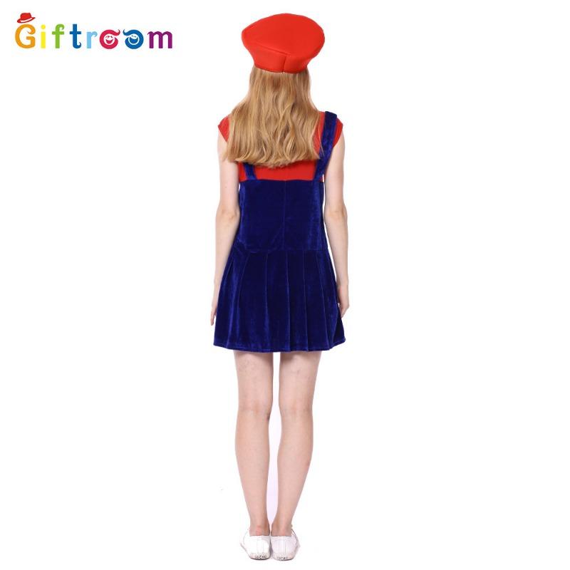 Holiday Party Adult Costume Mario Cosplay Flocking Strap Skirt Cartoon Game Uniform