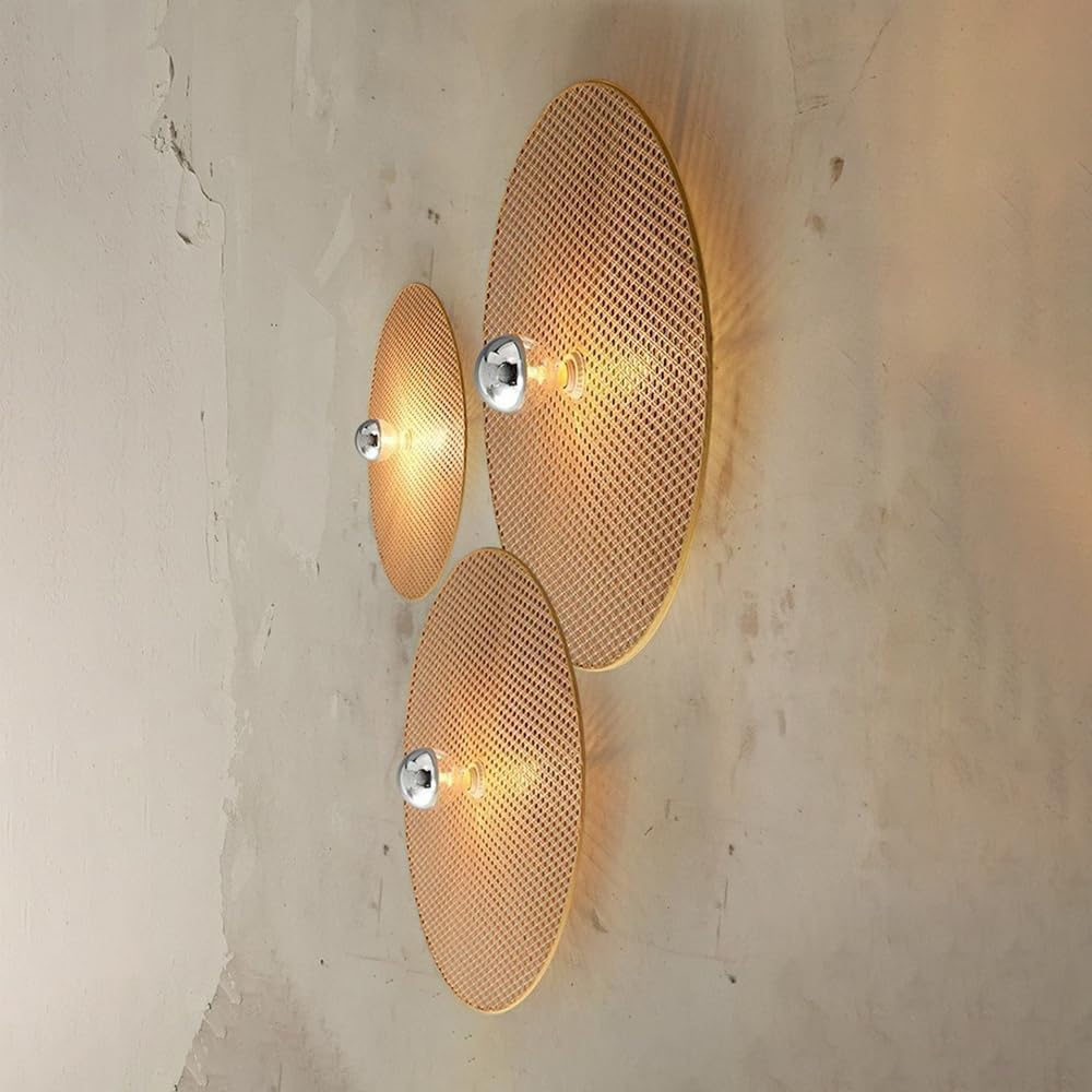 Round Rattan Wall Sconce Rustic Wall Light Handwoven Wall Sconces Lighting Fixture Vintage Circular Wall Mount Lights Living Room Wall Sconces