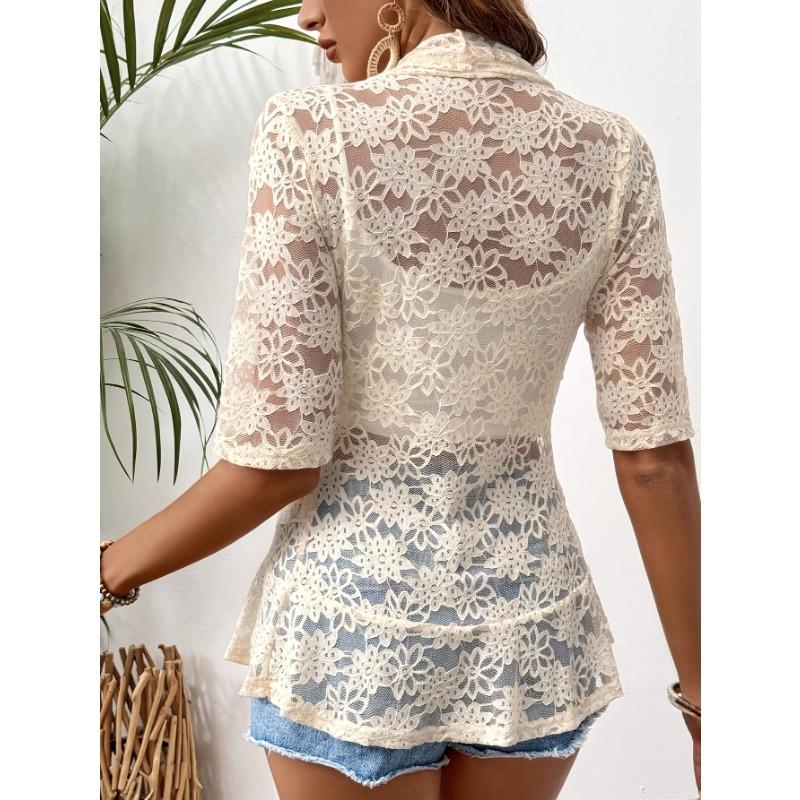 Elegant Women's Open Collar Contrast Lace Jacket - Lightweight Semi-Sheer Black & White Lace Panels, Spring Summer Fall Casual Chic Outerwear,