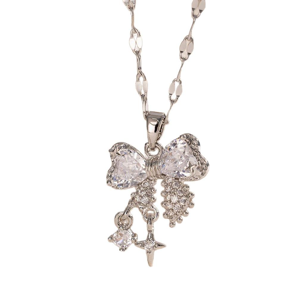 Light‑Luxury Sweet Pink‑Zircon Bow Micro‑Inlaid Women Necklace, Exquisite Versatile Sweet‑Cool‑Vibe Collarbone Chain