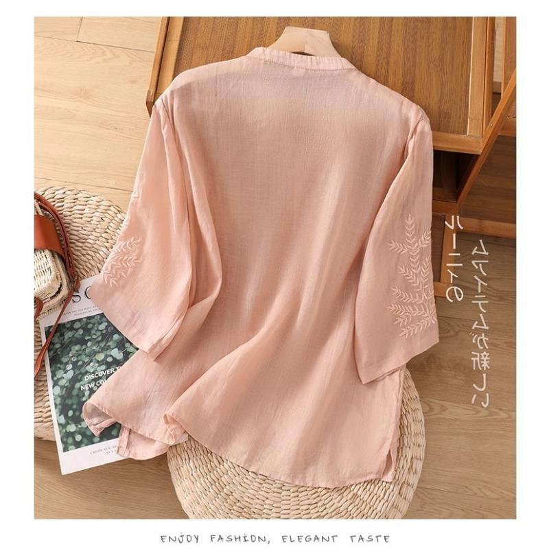 Women S Loose Cotton Embroidered Five Quarter Sleeve Summer Shirt For Middle Aged Moms