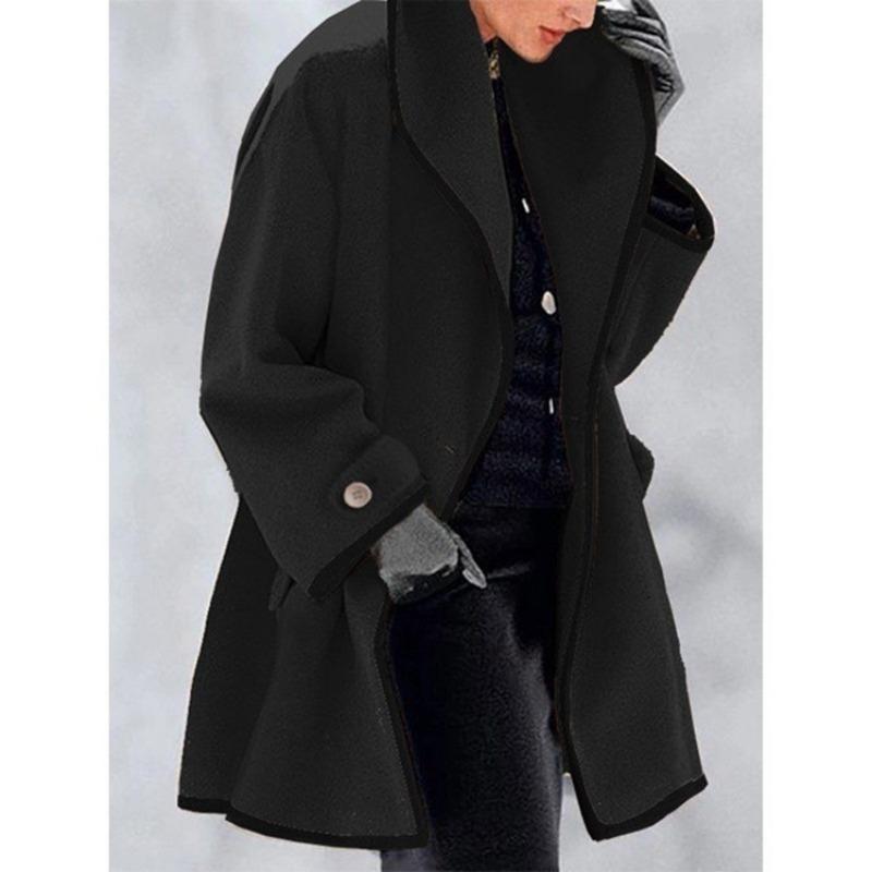 Damenmode Herbst Winter Mehrfarbig Rundhals Locker Kapuzenwollmantel Colorblock Kante WCoat