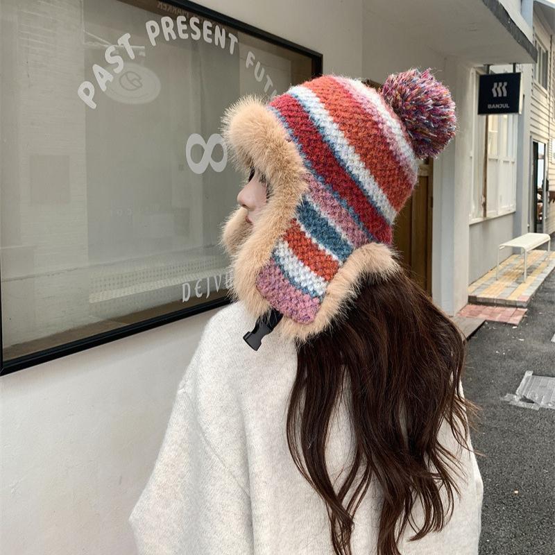 Warm Knitted Hat Women's Winter Color Striped Lei Feng Hat Outdoor Plush Hat