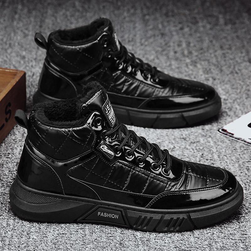 Down cloth waterproof high-top cotton shoes, down warm casual snow boots, black dirt-resistant locomotive board shoes