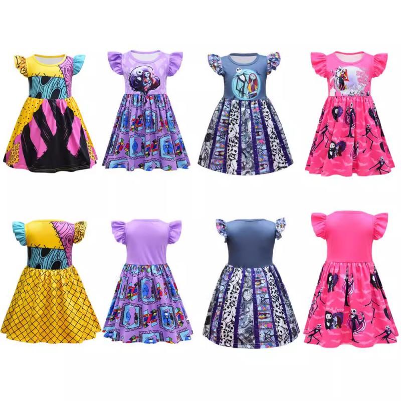 Girls Halloween Short Dress Ruffle Sleeve Round Neck A-Line Party Kids Casual Costume