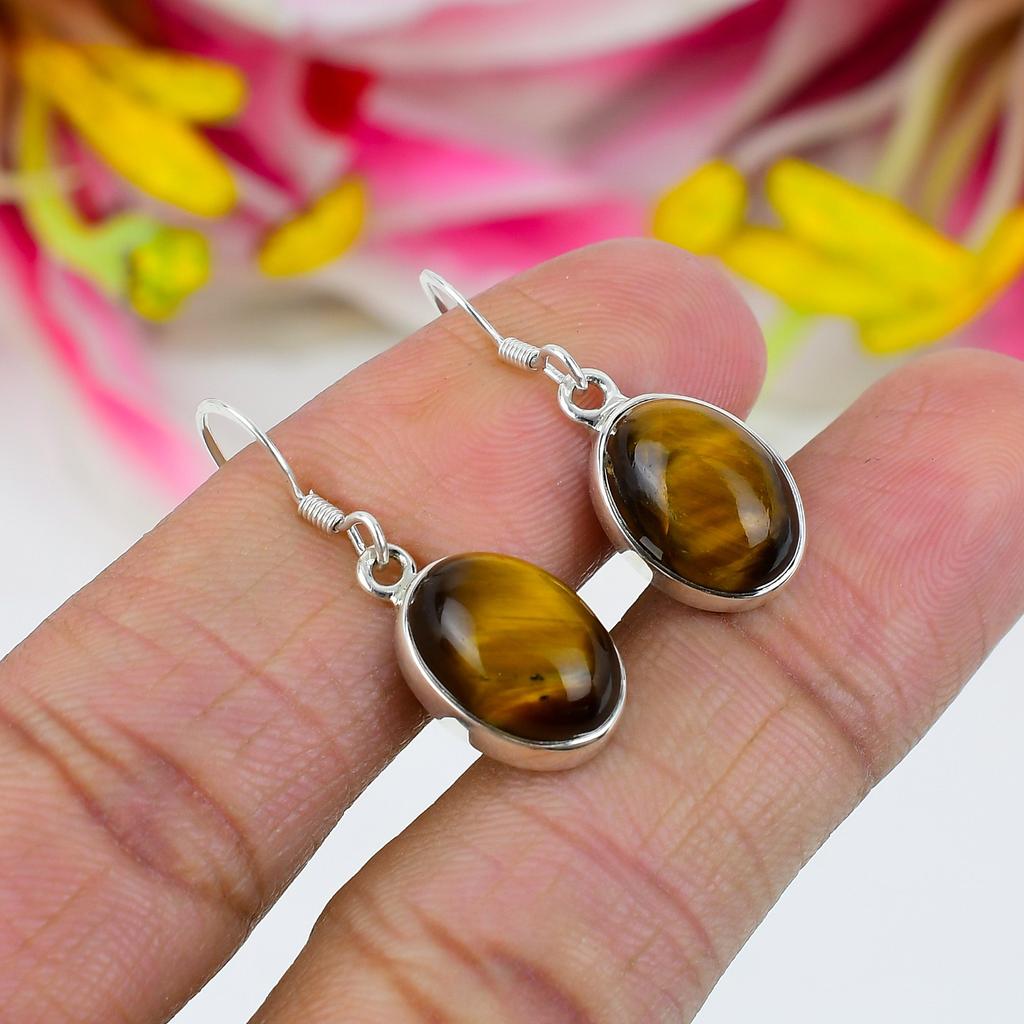 Natural Tiger's Eye Gemstone 925 Solid Sterling Silver Gift Earring 1.25" Q6b95
