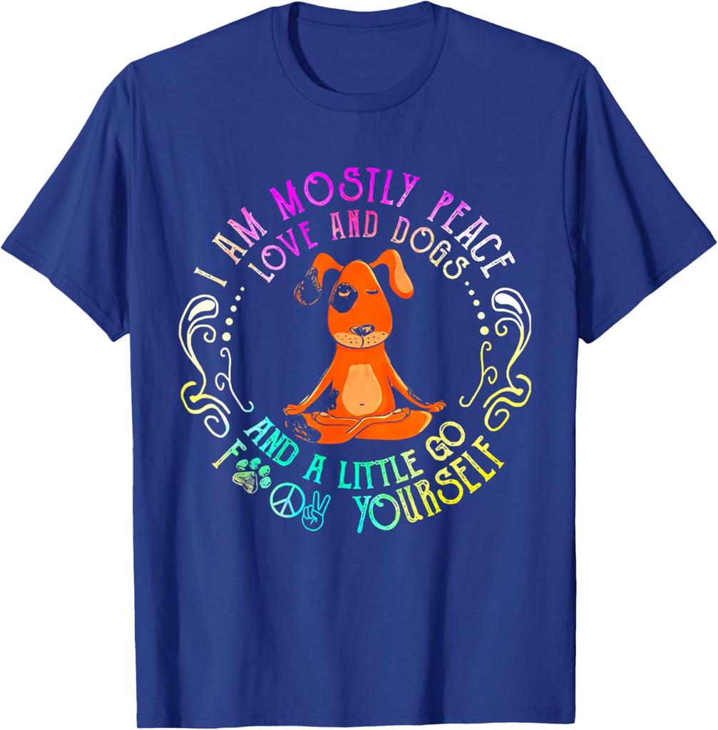 Peace Love Dogs Yoga Funny Graphic Tee Soft Cotton TShirt Casual Gift for Dog Lovers