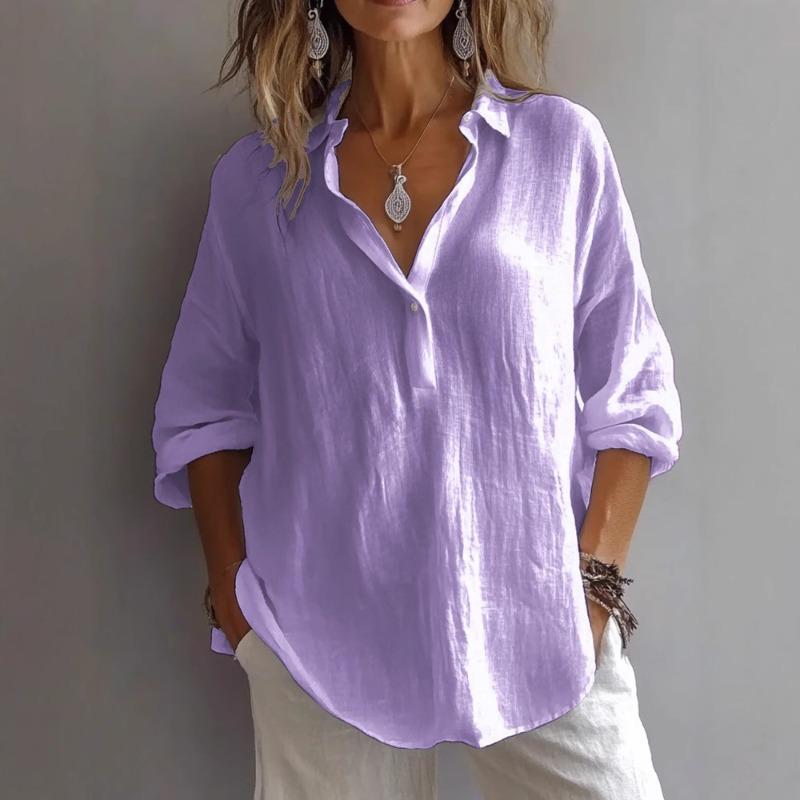 Women's Spring Summer Solid Color Loose Long Sleeve Linen V-Neck Casual Shirt Blouse
