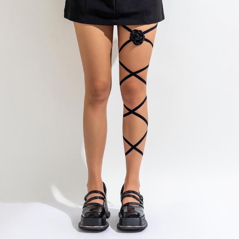 Lolita Cross Bandage Stehenní řetízek Harajuku Sexy Black Flower Butterfly Nohy Náramek Elastické Y2K tělové šperky Příslušenství