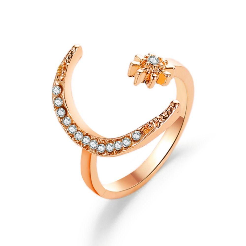 Korean Style Star Moon Opening Rings Rhinestone Crescent Moon Ring Personality Couple Ring  Couple