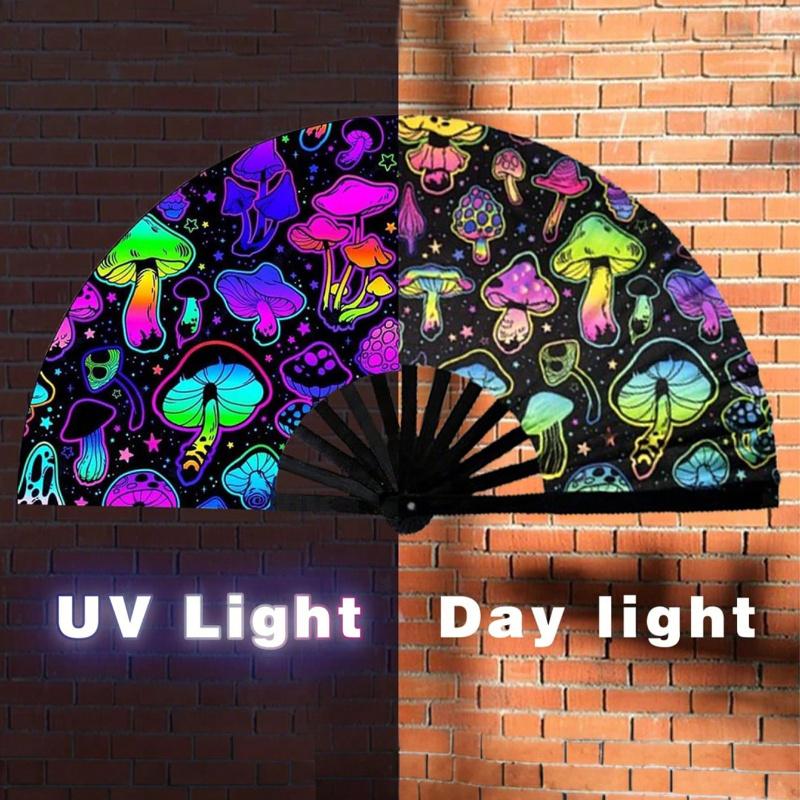 Glow Party Decorations Supplies.Mushrooms Folding Fan, Uv Glow Rave Fan Festival Fan, Silk Chinese & Japanese Palm Fan