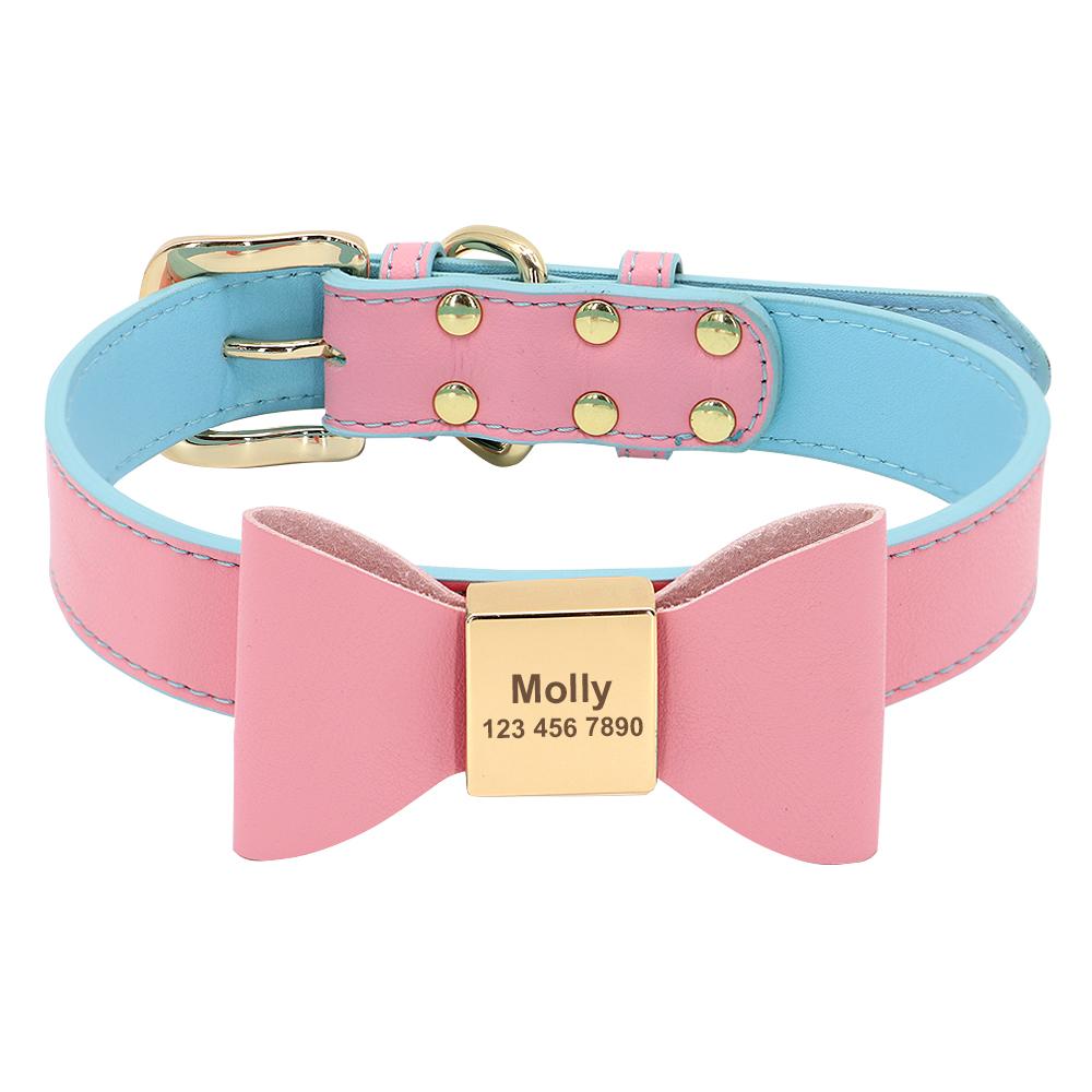 Custom PU Leather Dog Collar Soft Bowknot Pet Collars Engraved Name Puppy Cat Necklace Anti-lost for Small Medium Large Dogs Pug