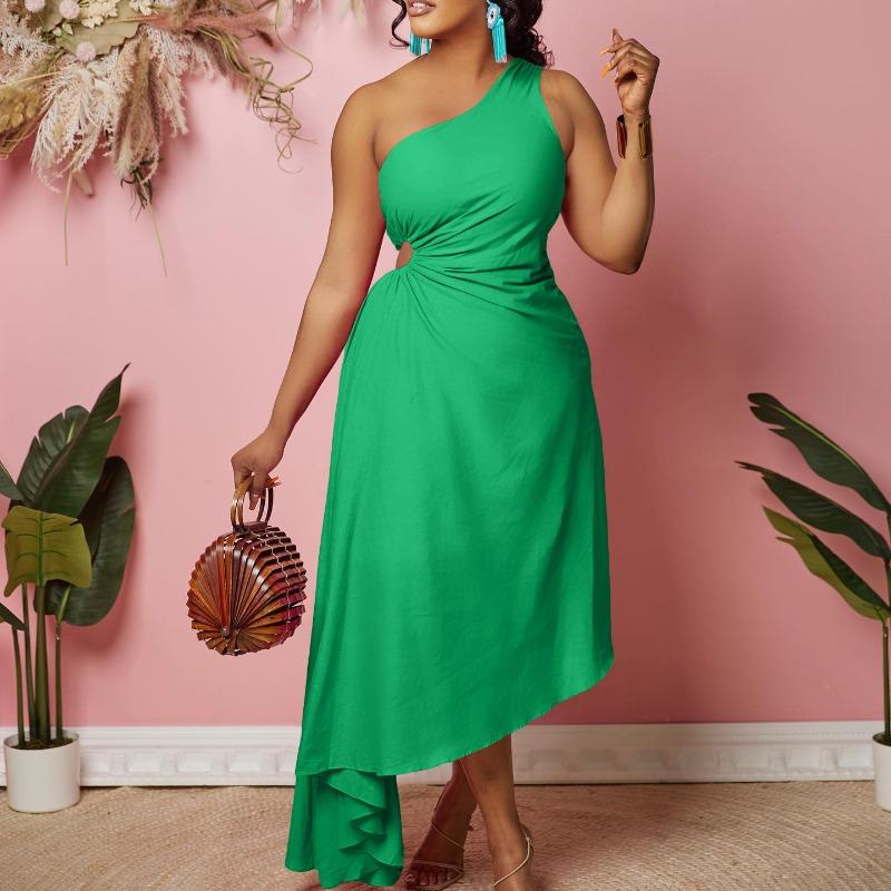 Solid Color One Shoulder Cutout Irregular High Waist Plus Size Sexy Long Dress For Women