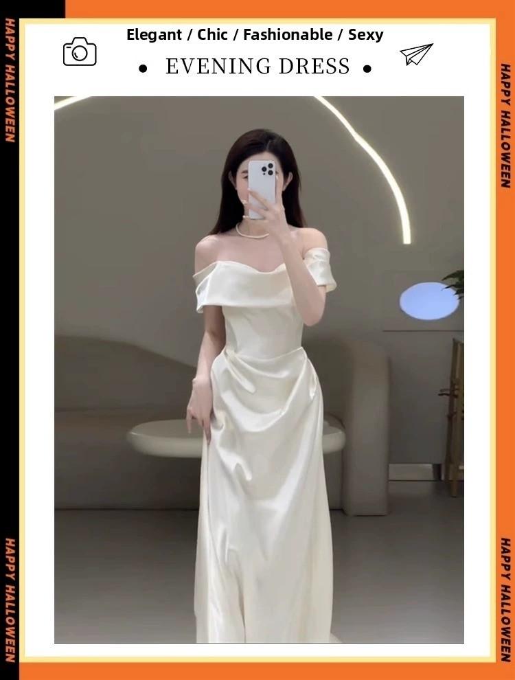 Elegant Satin One-Shoulder Engagement Dress Women's High-End Luxury Simple White Bridal Gown with Veil for Wedding And Party