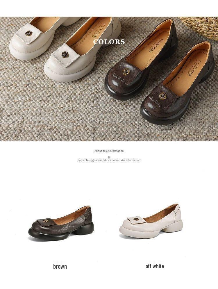 2025 Retro Brown Camellia Leather Round-Toe Loafers with Thick Soles for Spring & Autumn
