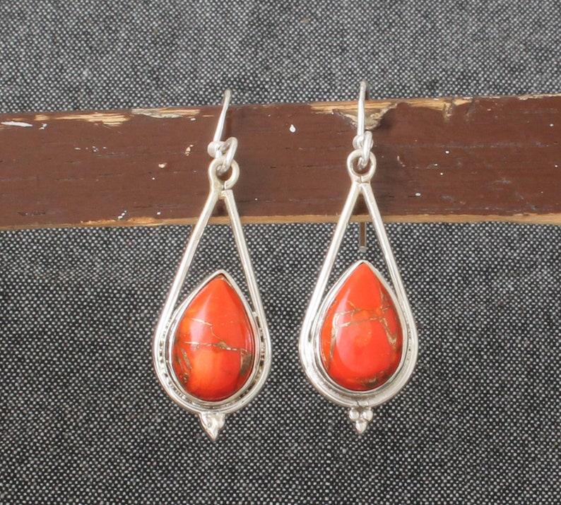 Orange Copper Turquoise Pear Gemstone Solid 925 Sterling Silver Women Dangle Earring Boho Jewelry