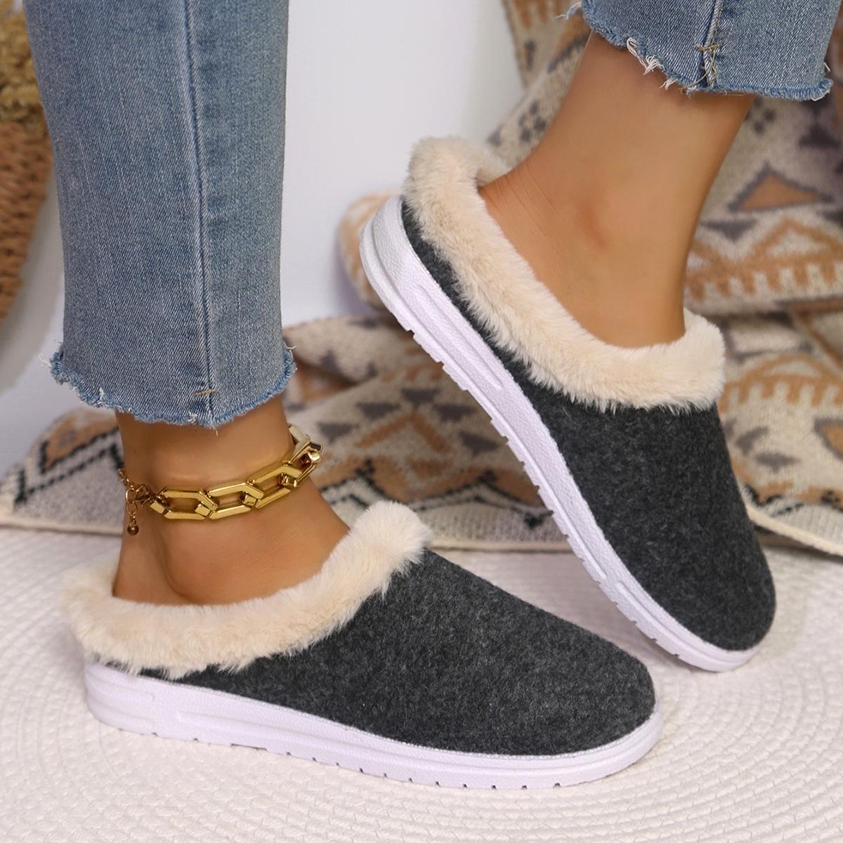 

Fashion Flat Bottom Fur Slippers for Women Autumn Winter Casual Female Shoes Slip on Comfortable Indoor Plush Warm Baotou Half Slipper 36 темно-серого