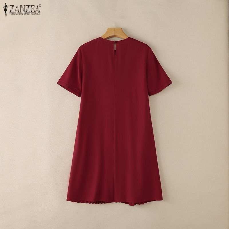 ZANZEA Women Casual Round Neck Short Sleeve Pleated Hem Summer Dress
