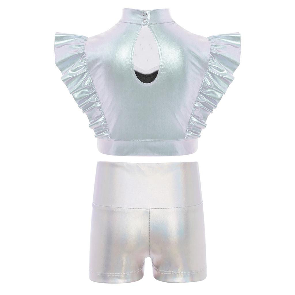 Dětský třpytivý taneční outfit s kamínky, s vysokým límcem, bez rukávů, kovový volánkový top a odpovídající lesklé šortky pro jazzovou soutěž