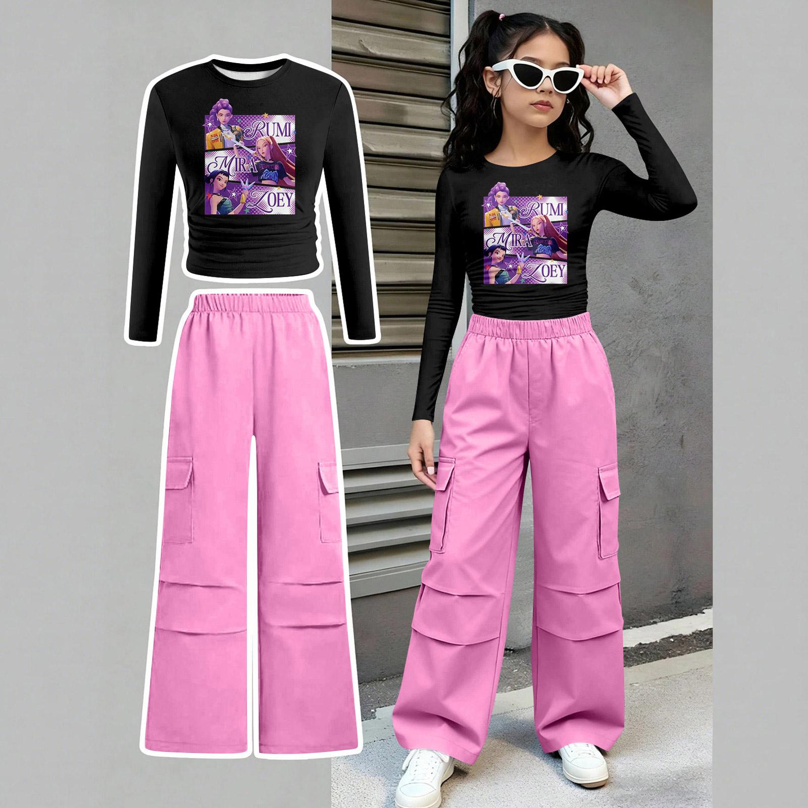 

Children s Summer Waist Cinched Long Sleeve Top And Straight Leg Two-Piece Athletic Set Short Printed Clothing Set 100 чёрный