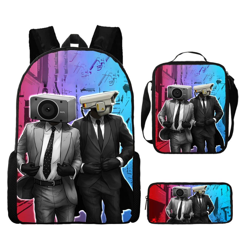 Toilet Man Backpack Trendy Backpack European and American Retro Schoolbag Cartoon Backpack Three-piece Set