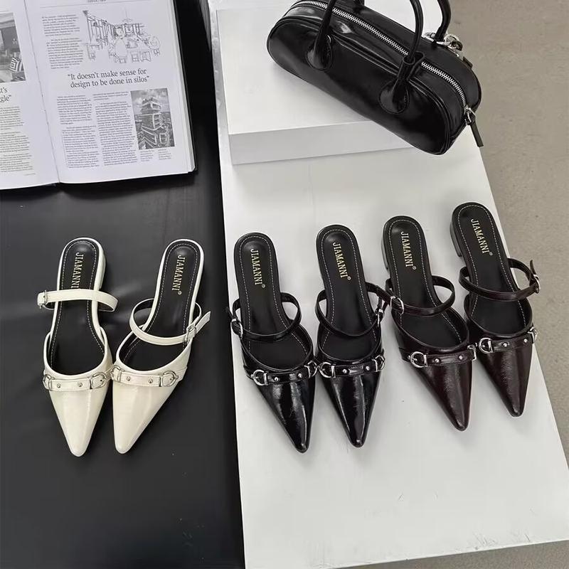 New Summer Elegant Pointed Toe Outside Beach Mid-heeled Slippers Fashionable Comfortable Casual Buckle Work Slippers for Women