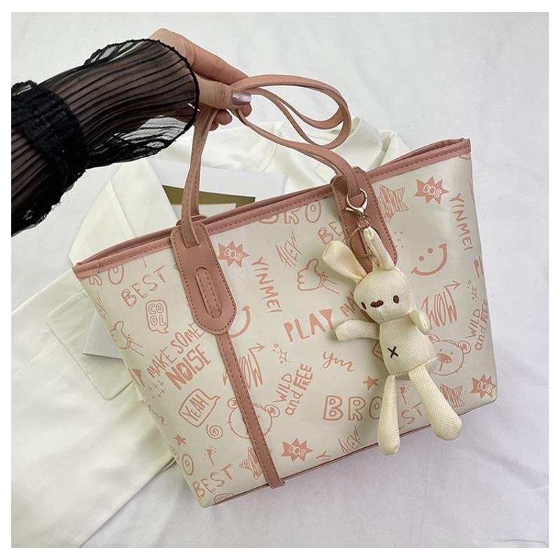 Contrasting color big bag women's spring summer new cute cartoon printed shoulder bag versatile trendy tote bag